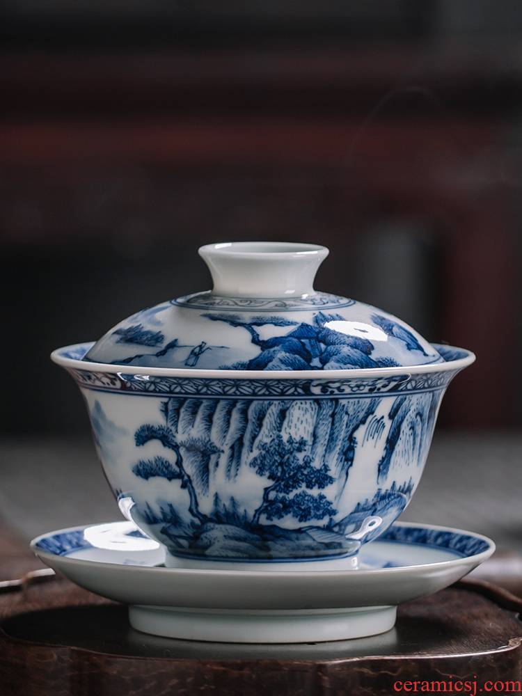 Tureen firewood jingdezhen blue and white porcelain tea set manually only three blue and white landscape Tureen ceramic cups hand - made teacup