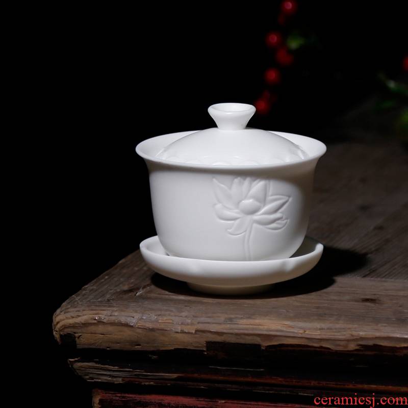 Qiao mu PMZ dehua high - white manual archaize generation lotus tureen ceramic tea cup tea implement three of the bowl