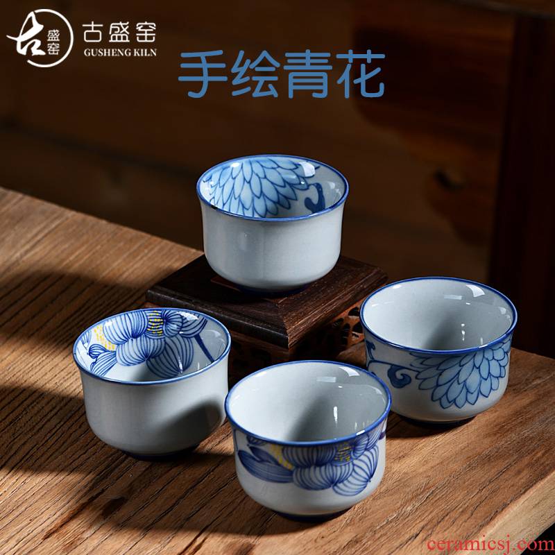 Ancient antique hand - made sheng up xiangyang violet blue pressure hand of kung fu tea lotus master cup ceramic checking