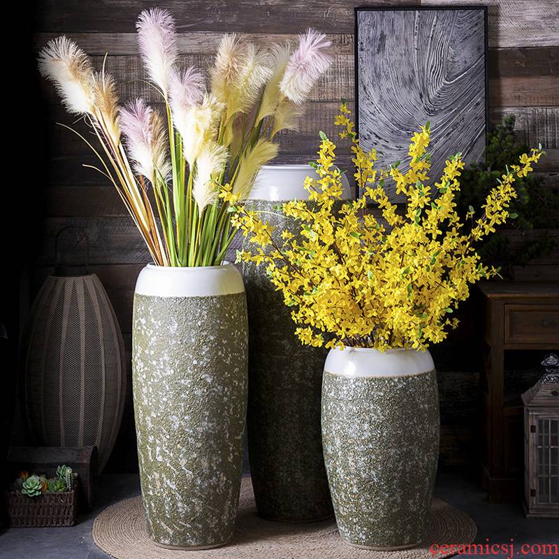 Manual coarse pottery restoring ancient ways of large sitting room dry flower hotel pottery decoration vase simulation flower art furnishing articles