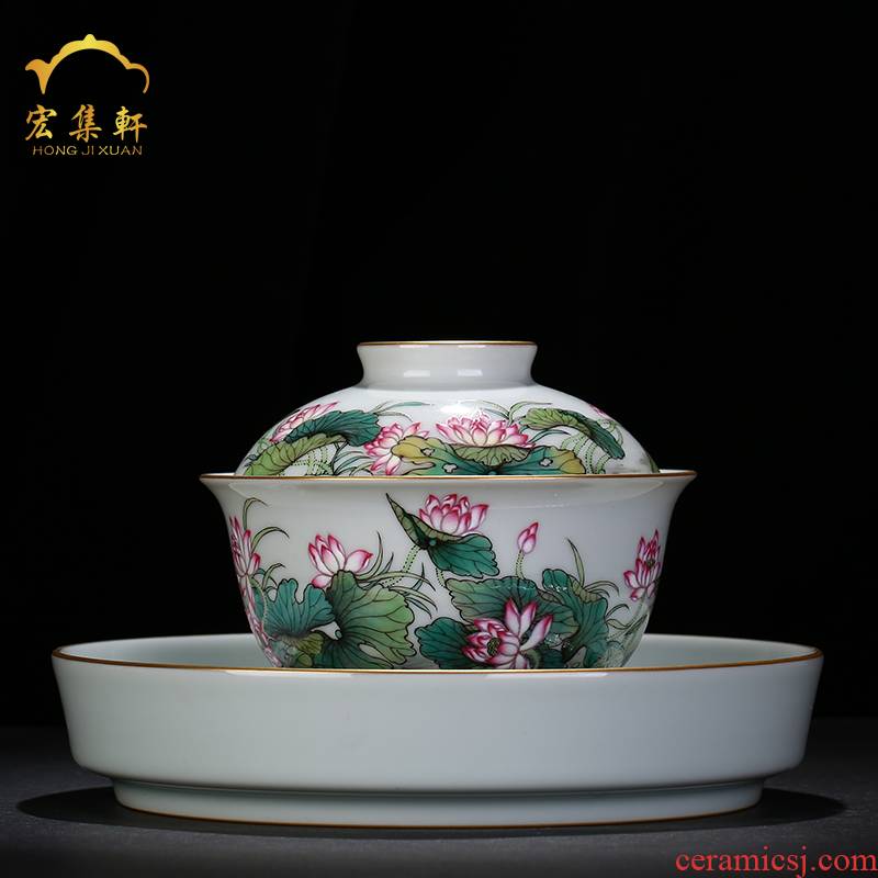 Jingdezhen tureen three to make tea tureen single ceramic household enamel handpainted lotus kung fu tea cups