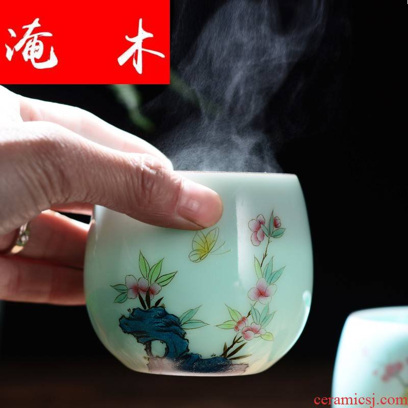 Submerged wood jingdezhen shadow green hand draw pastel single CPU personal cup master cup kung fu tea cups checking products