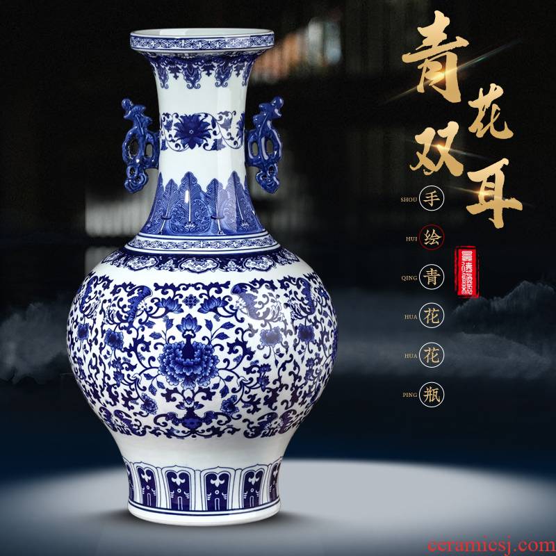 Jingdezhen ceramics ears to the ground of blue and white porcelain vase restoring ancient ways furnishing articles of new Chinese style household act the role ofing is tasted a large living room