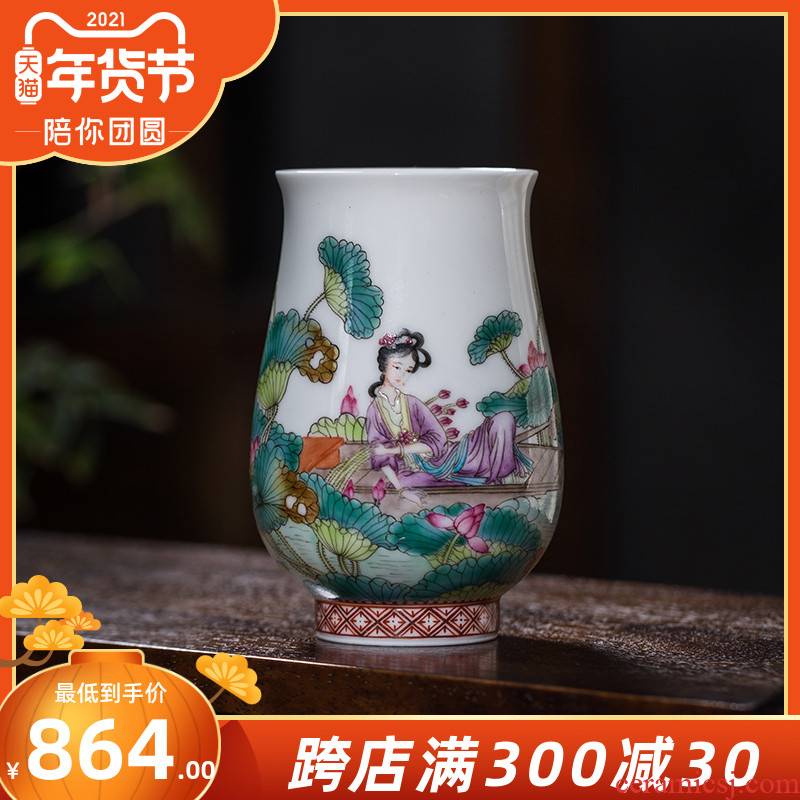 The Owl up jingdezhen ceramics by hand hand tea sample tea cup fragrance - smelling cup picking lotus lotus pond was kung fu tea cup