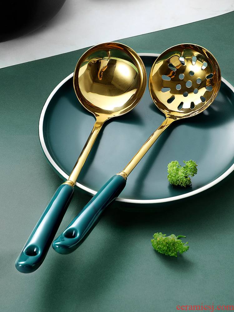 Colander spoon large soup home emerald stainless steel kitchen hotpot long spoon handle ceramic golden dress