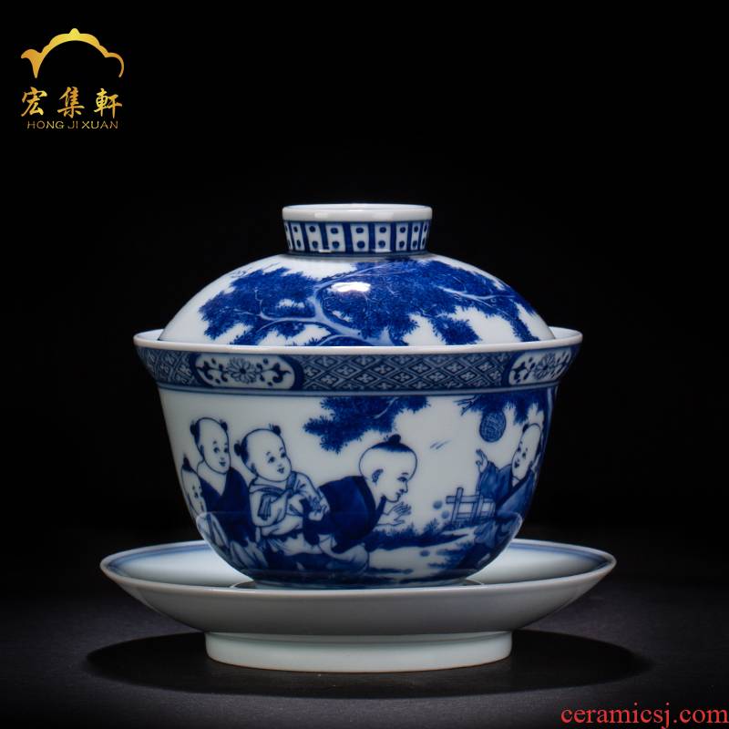 Only three pure manual maintain jingdezhen blue and white lad characters tureen teapot tea cups kunfu tea tea
