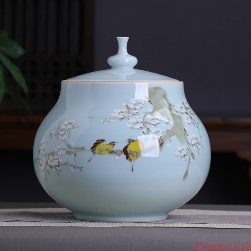 Jingdezhen hand - made name plum flower ceramic furnishing articles caddy fixings large seal pot moistureproof with cover pu 'er tea storage tank