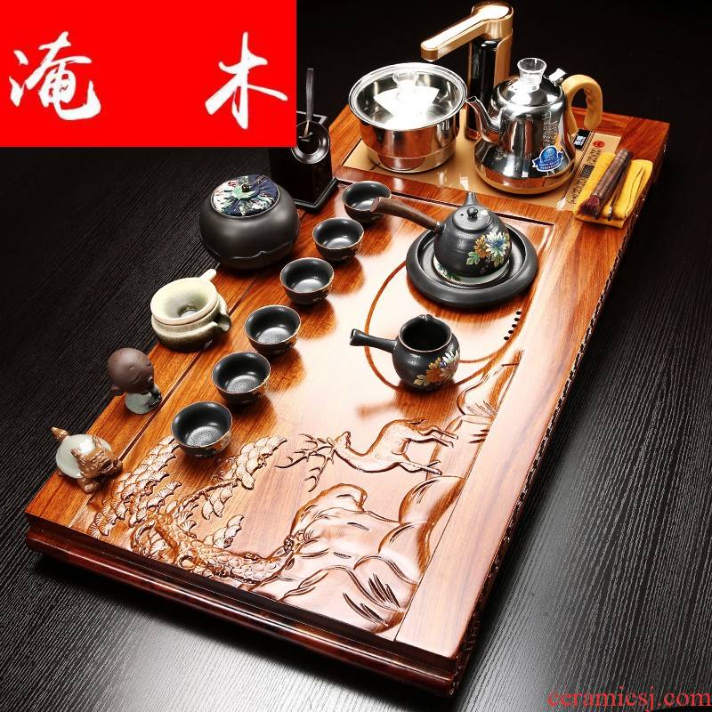 Submerged wood block hua limu tea tray is contracted and I household tea purple ceramic kung fu tea set induction cooker