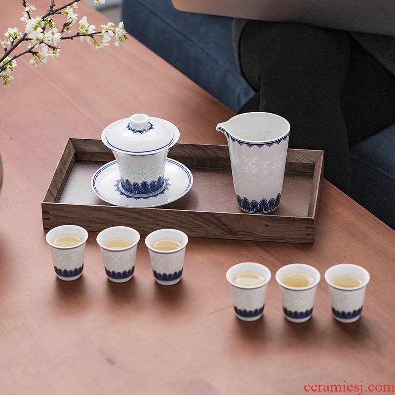 Kung fu tea sets jingdezhen blue and white tea jade BaiLingLong three to eight times tureen home and industry prosperous grain of rice