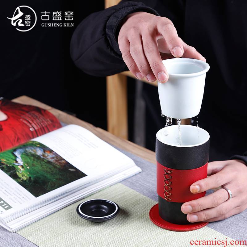 The ancient sheng up line edge enamel - lined keep - a warm glass tea cup men 's and women' s imperial palace large portable cup cup gift