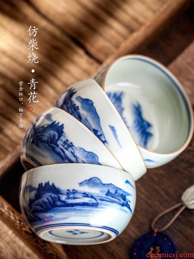 Jingdezhen blue and white master hand - made ceramic cup single cup large bowl landscape sample tea cup tea gift box packaging