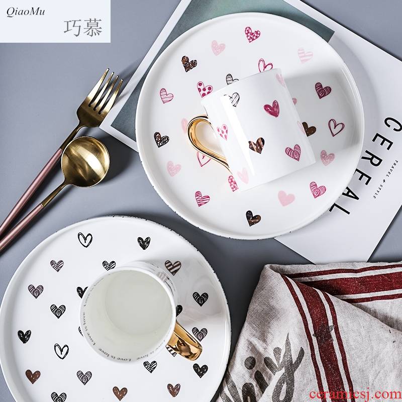 Qiao mu, lovely gold - plated love handle ceramic saucer red cup western - style food plate glass plates in the afternoon