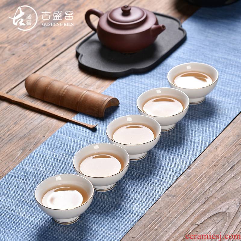 Ancient sheng up new hand - made suet jade porcelain ceramic sample tea cup, kung fu master paint individual cup white porcelain tea set