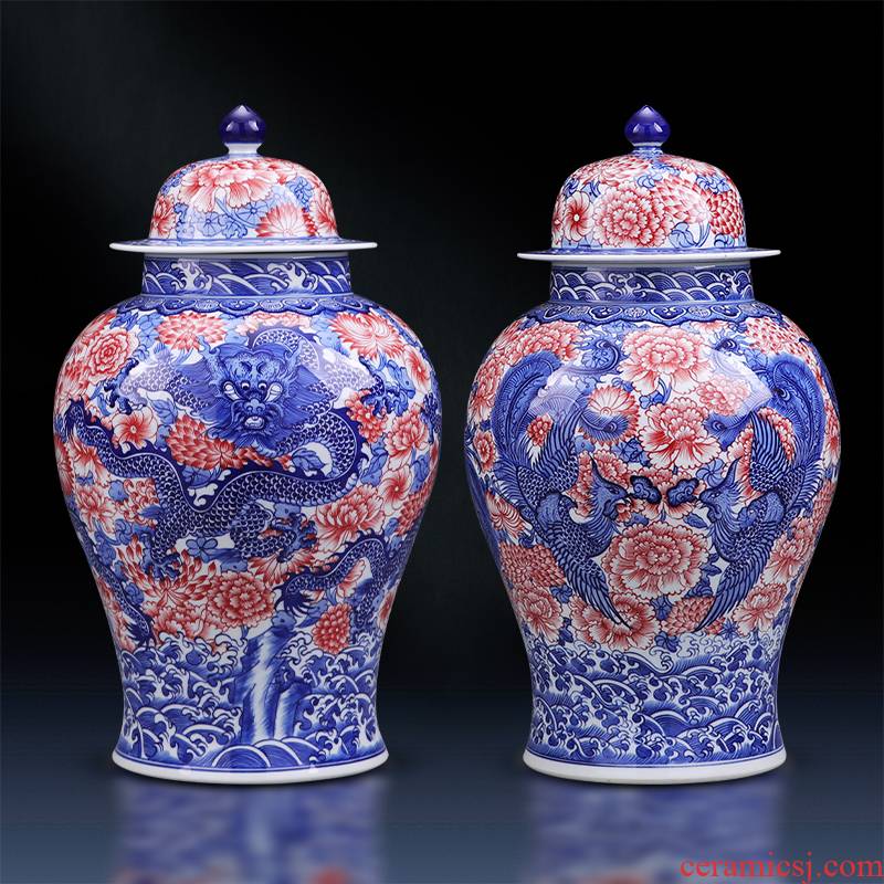 Jingdezhen ceramic furnishing articles youligong hand - made longfeng general canister to large Chinese style household adornment TV ark
