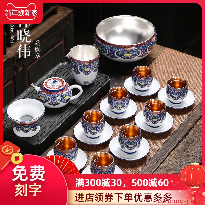 Jingdezhen 999 sterling silver tea set kung fu tea colored enamel ceramic teapot tea of a complete set of household contracted