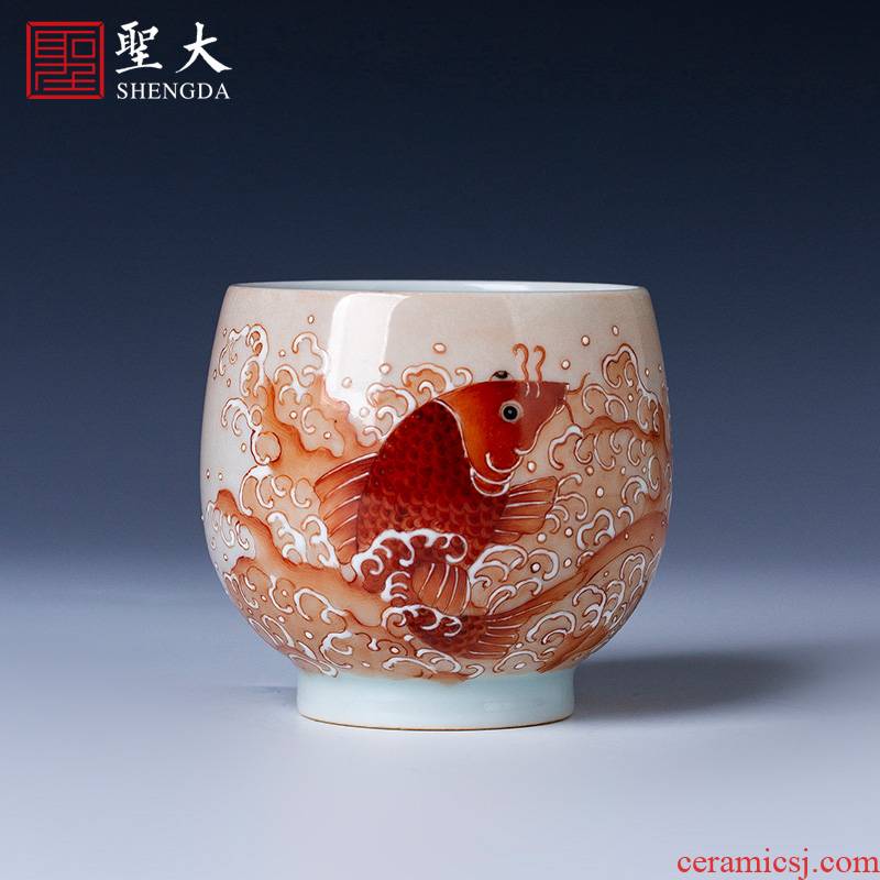 Santa teacups hand - made ceramic kung fu imitation guangxu alum red heap white fish grain cup manual of jingdezhen tea service master