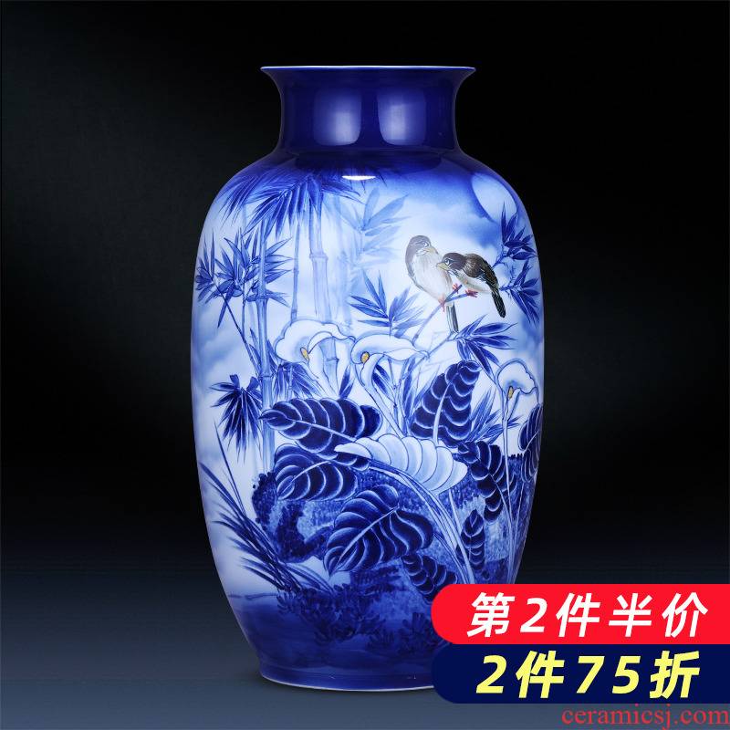 Jingdezhen porcelain ceramic hand - made of blue and white porcelain vases, new Chinese style household, large sitting room adornment is placed on the ground
