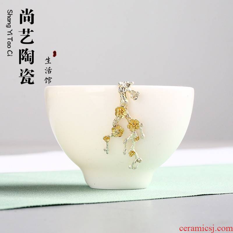 Dehua white porcelain inlay silver cup suet white ceramic sample tea cup kung fu tea tea service master cup single cup, bowl of gifts