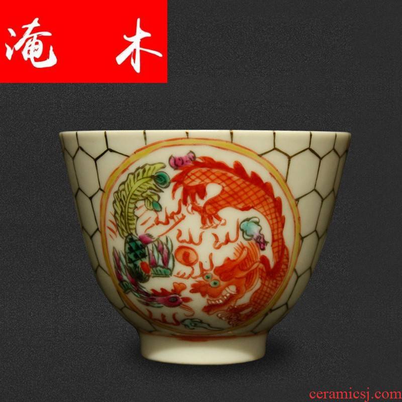Flooded jingdezhen wood antique collection guangxu dynasty antique hand - made pastel longfeng single cup tea cup cup product master
