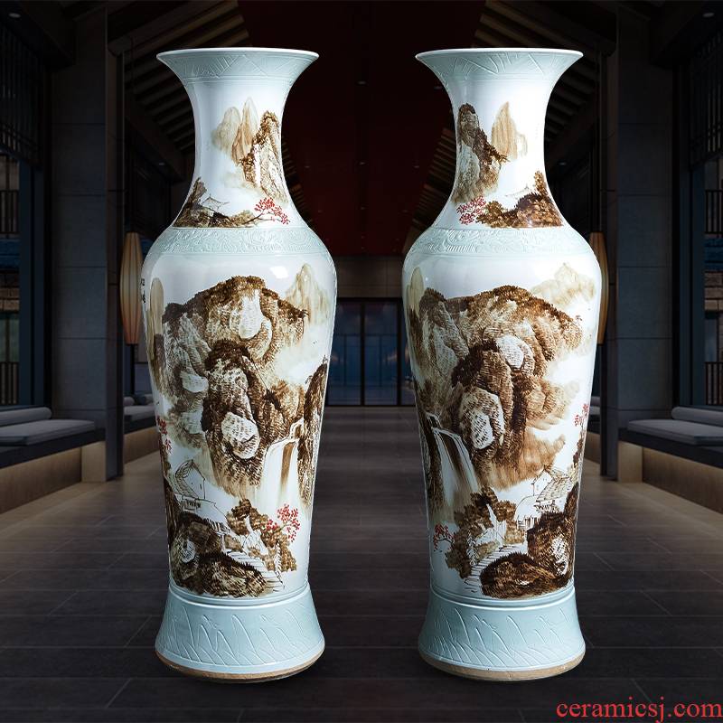 Jingdezhen ceramics hand - made large landscape floor vase sitting room hotel decoration of Chinese style household furnishing articles