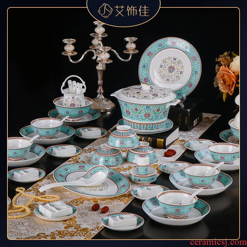 Jingdezhen high - grade ipads China light colored enamel craft cutlery set domestic key-2 luxury dishes suit hotel supplies company