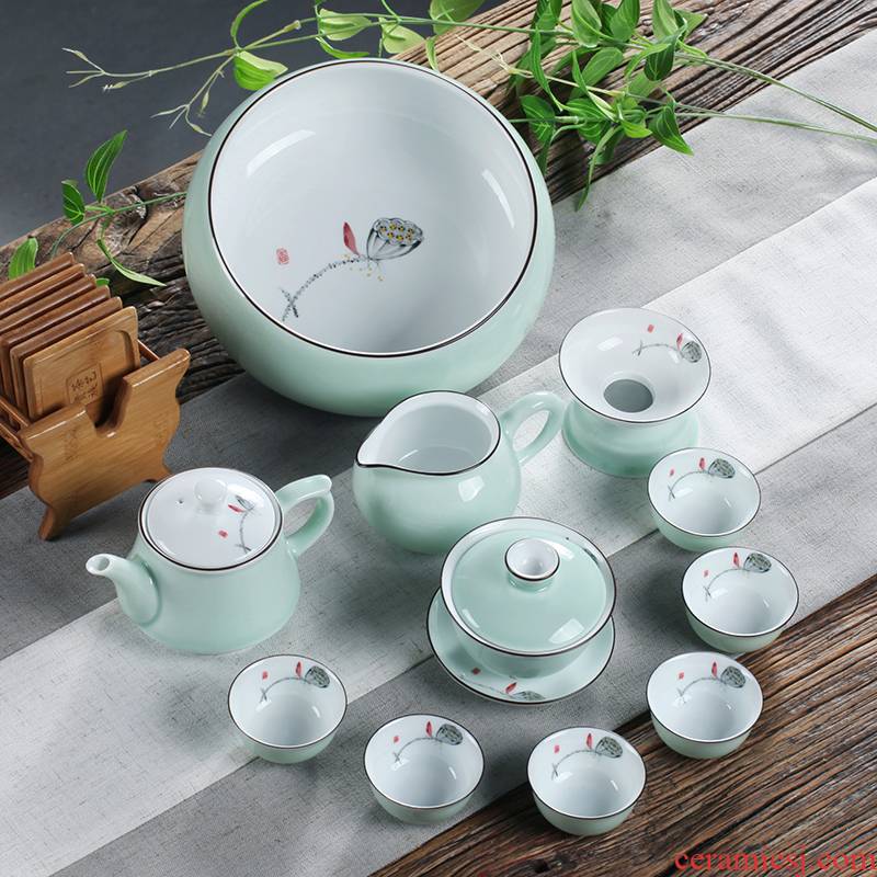High - grade white porcelain chaoshan kungfu tea set celadon hand - made name plum tureen tea cups of a complete set of tea gifts home