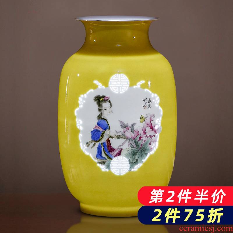 Jingdezhen porcelain ceramic hand - made exquisite knife clay yellow vases, new Chinese style home sitting room adornment is placed