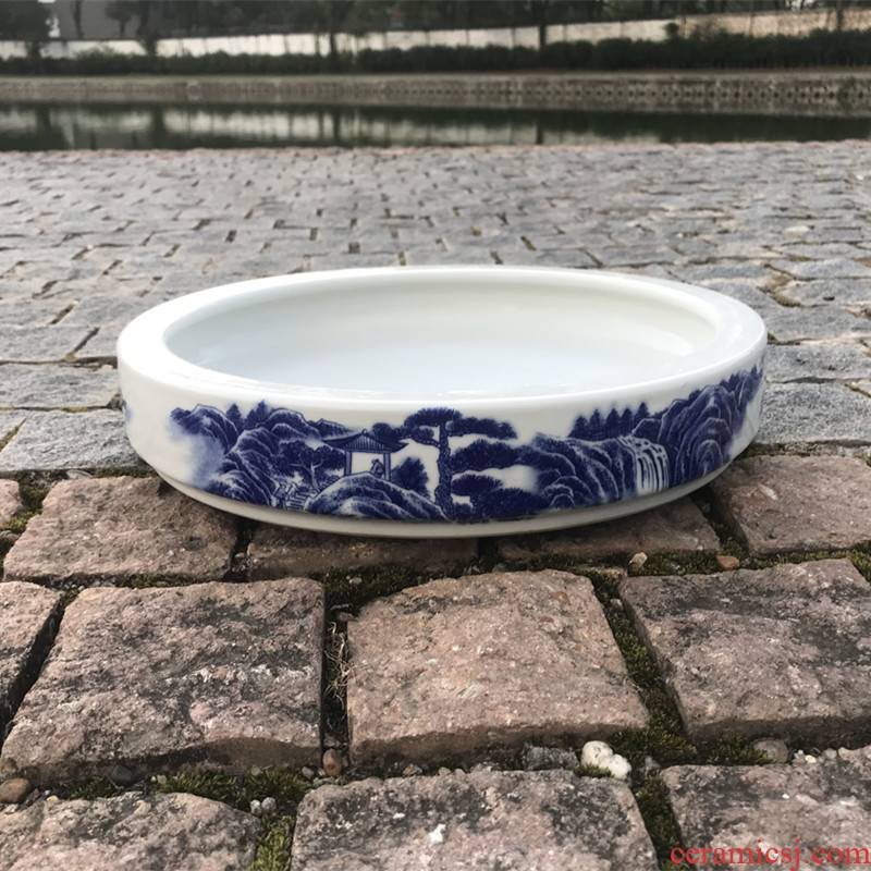 Jingdezhen blue and white porcelain basin ceramic landscape plant shallow suction stone rockery miniascape circular water stone basin