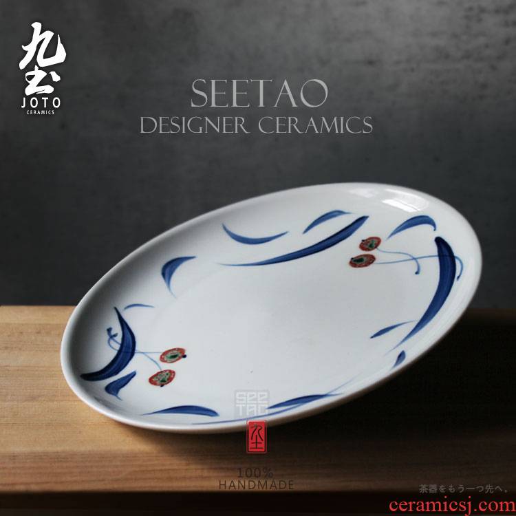 About Nine soil manual blue - and - white youligong cherry plate Japanese retro hand - made ceramic tableware dinner plate feeder