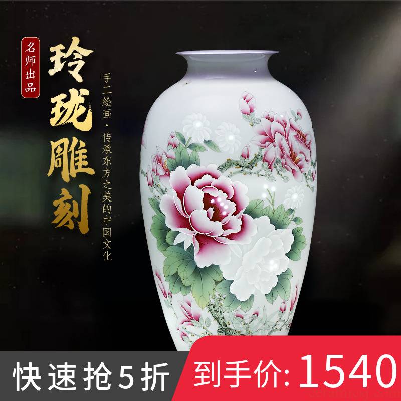 Jingdezhen ceramics light hand carved peony vases large key-2 luxury living room TV ark adornment furnishing articles arranging flowers