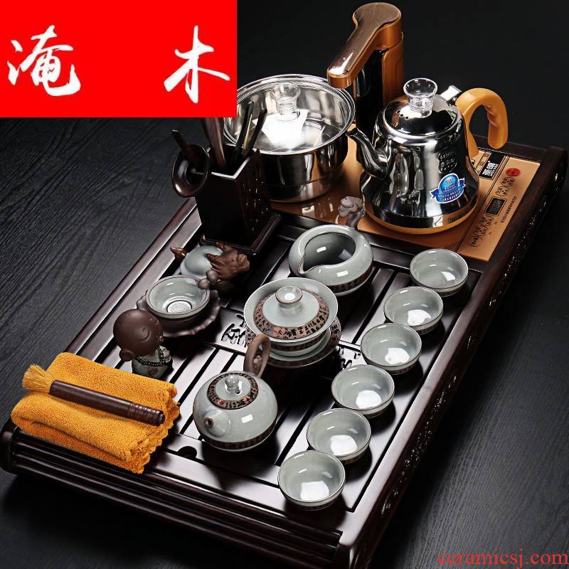 Flooded automatic tea sets ebony wood four unity induction cooker purple sand tea tray kungfu tea taking tea home