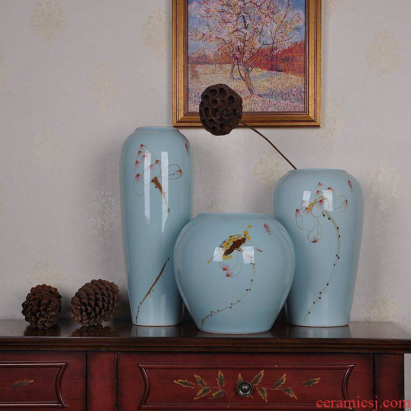 Jingdezhen ceramic vase hand - made lotus three - piece suit modern household of Chinese style living room crafts vase furnishing articles