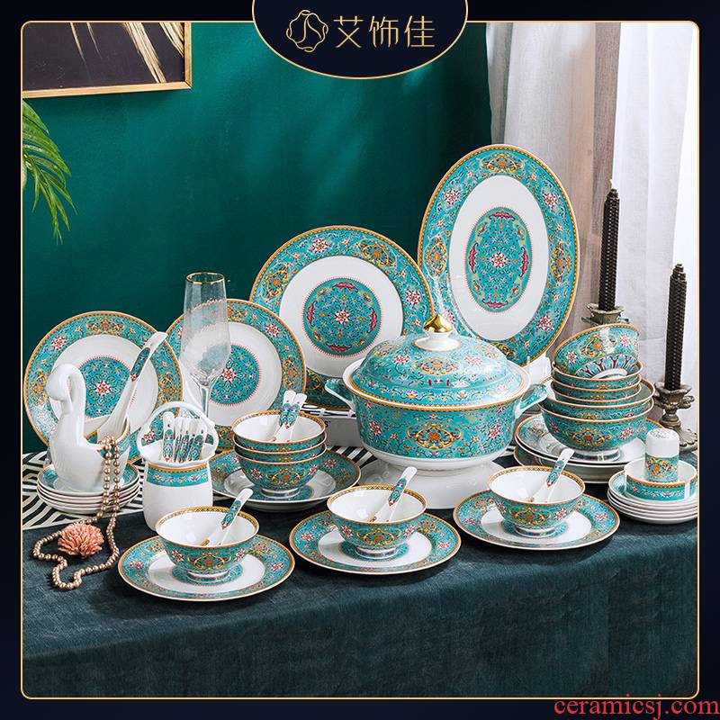 Jingdezhen 60 head colored enamel see ipads porcelain tableware suit household European contracted tableware chopsticks dishes combination