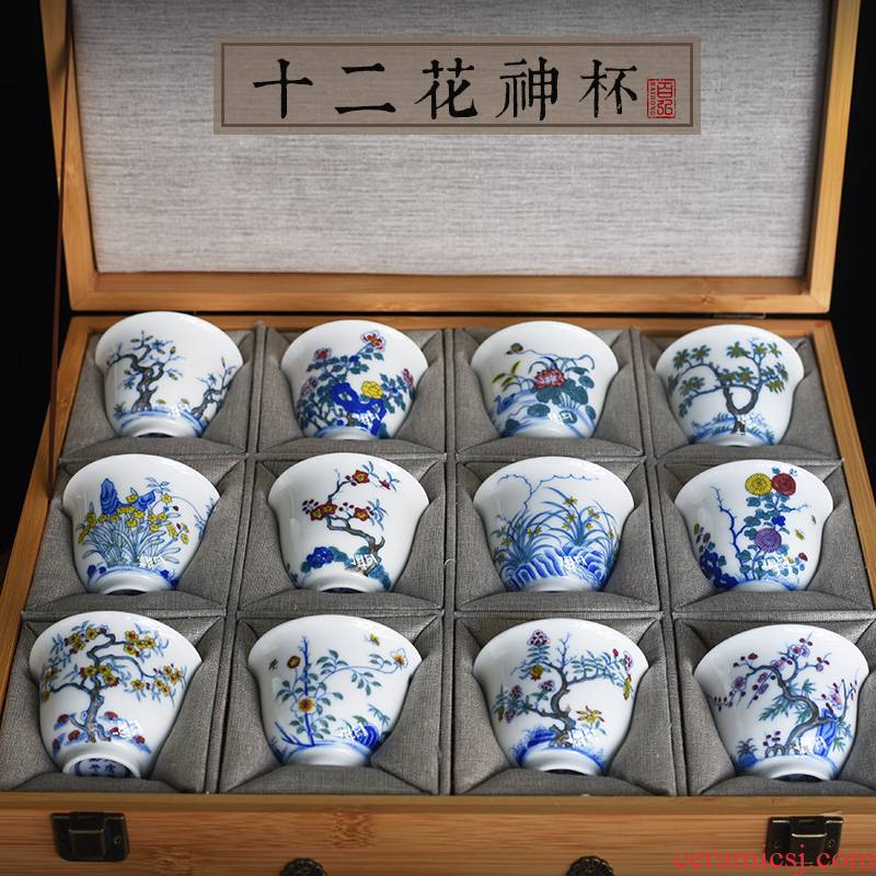 Hundred hong imitation of the qing emperor kangxi twelve flora cup suit of jingdezhen blue and white color sample tea cup tea hand - made teacup