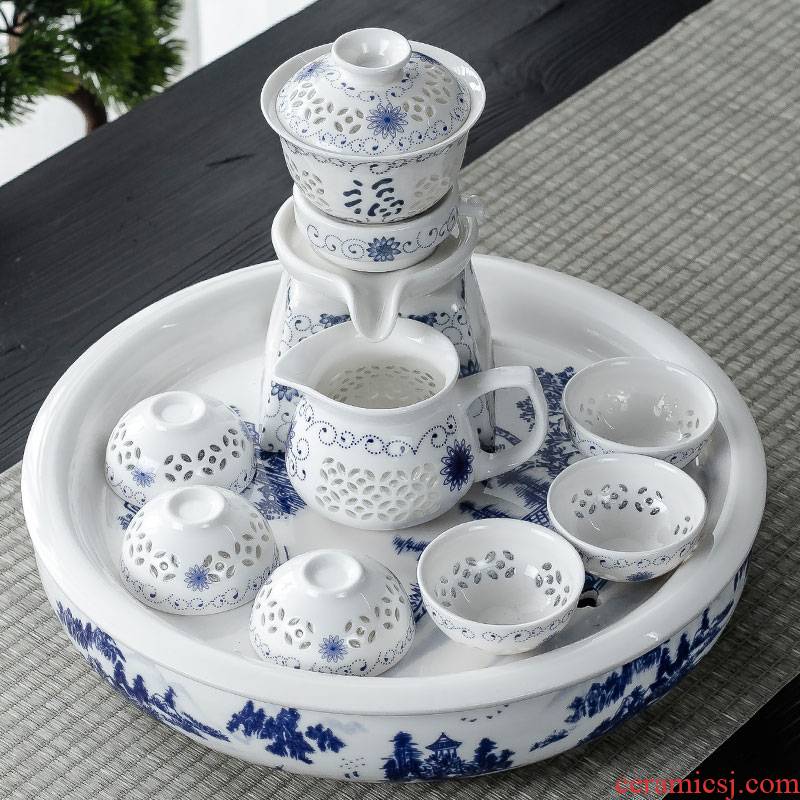 Hui shi blue circular ceramic tea tray was suit dry terms automatic tea set household contracted tea tea L