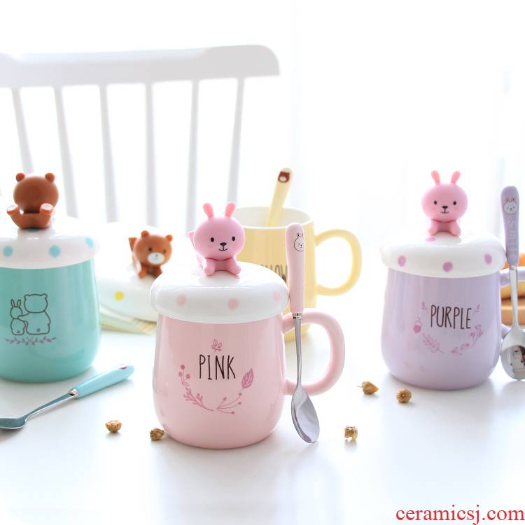 South Korean pottery cup girl lovely rabbit of cartoon mark cup with cover household teaspoons of creative picking male water cup