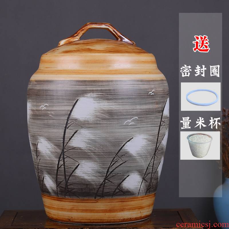 Jingdezhen ceramic barrel storage tank household water tanks imitation solid wood 50 kg installed sealed cylinder barrels moistureproof with cover flour