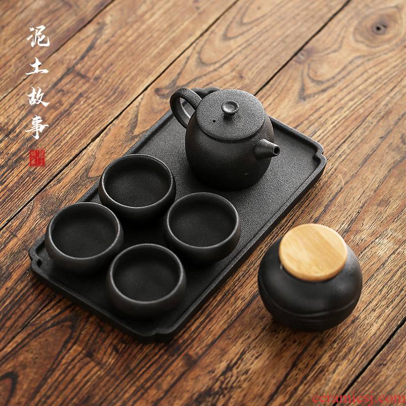 Simple black pottery kung fu tea set tea of a complete set of household ceramic teapot teacup dry tea tray box type