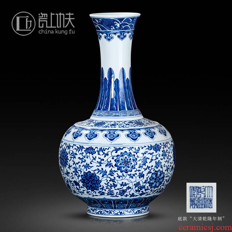 Jingdezhen blue and white porcelain ceramic vase bound branch lotus furnishing articles imitation antique handicraft collection of new Chinese style living room