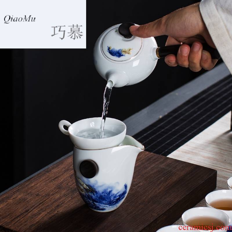 Qiao mu hand - made ceramic household wooden side of a complete set of the see colour white porcelain tea set kung fu tea pot of celadon