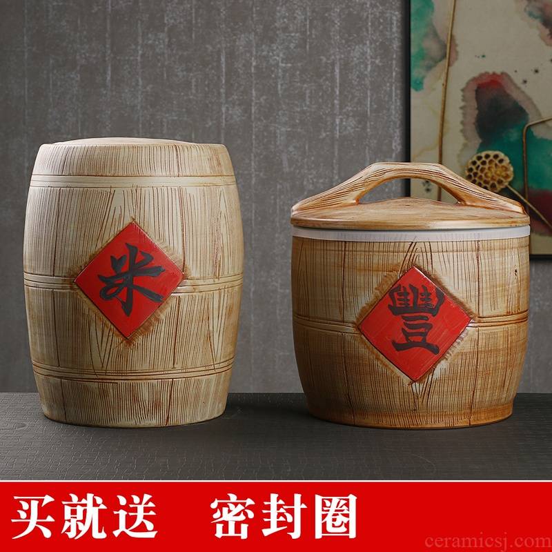 Jingdezhen ceramic barrel household sealed with cover old 10 jins 20 jins 30 imitation solid wood moisture worm ricer box