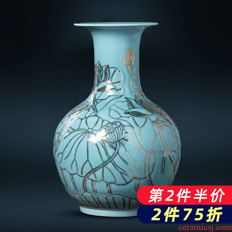 Jingdezhen porcelain ceramic light blue glaze hand - made paint the big vase furnishing articles of key-2 luxury household living room TV cabinet decoration
