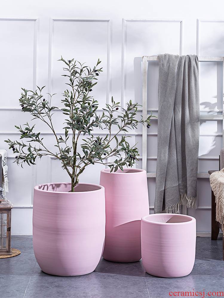 I and contracted Nordic large - diameter pink ceramic flower pot flower arranging hotel green plant large indoor living room vase furnishing articles
