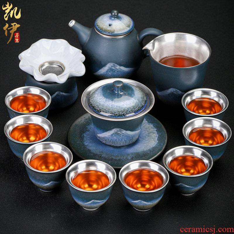 Silver ink porcelain mountain mine loader kung fu tea set teapot tea tea of a complete set of Silver cup Silver tureen hand grasp pot