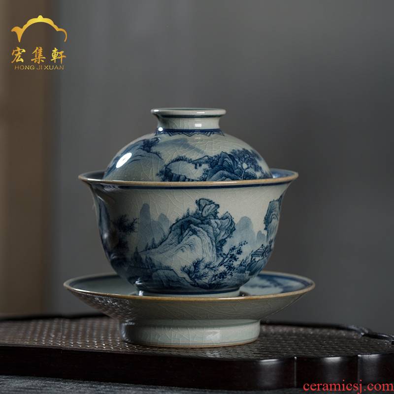 Maintain tureen jingdezhen ceramic only three tureen large blue and white triangle flowers pattern circle hand - made scenery kung fu tea tea bowl