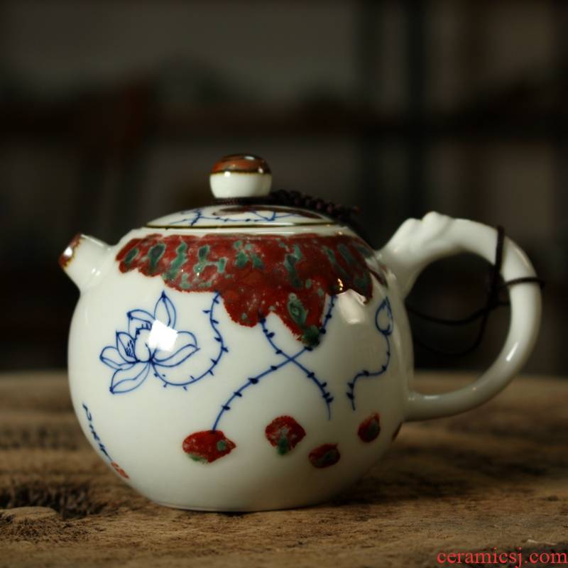 Kung fu tea set ceramic teapot hand - made youligong well column of blue and white porcelain pot of up 's "lotus rhyme"