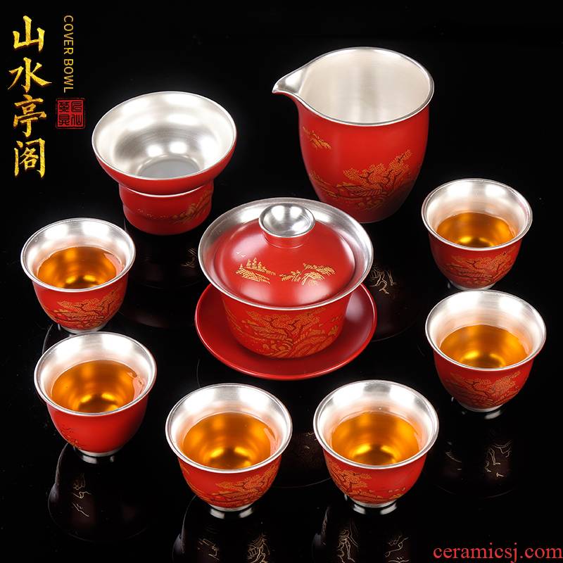 Artisan fairy coppering. As silver kung fu tea set of household ceramic checking gift boxes tureen cup Mid - Autumn festival gift