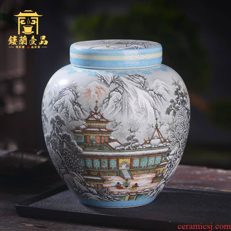 Jingdezhen ceramic hand - made powder color ink inside and outside double cover snow landscape tea caddy fixings receive wake sealed jar