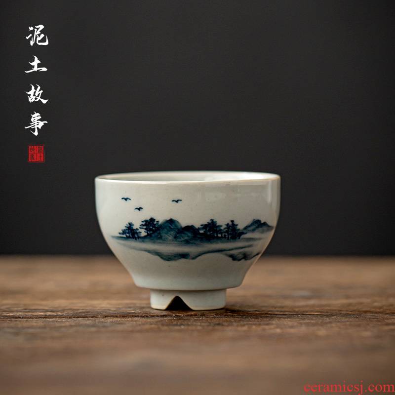 Jingdezhen blue and white clay manual hand - made ancient kung fu tea sample tea cup tea hand - made scenery single CPU restoring ancient ways