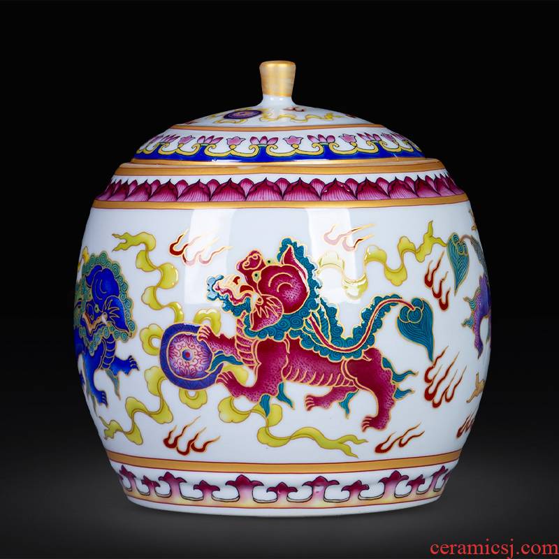 Jingdezhen colored enamel lion ball loose tea tea 500 g puer tea cake pot cover home decoration